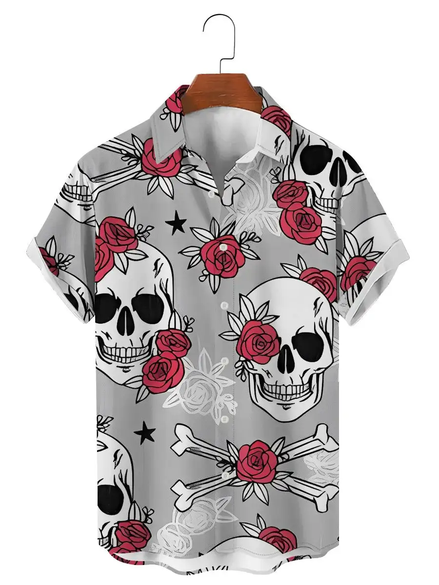 Camisas florales para hombre, ropa de calle con estampado 3D de calavera divertida, camisetas de manga corta, camisa hawaiana con solapa estampada, moda de verano