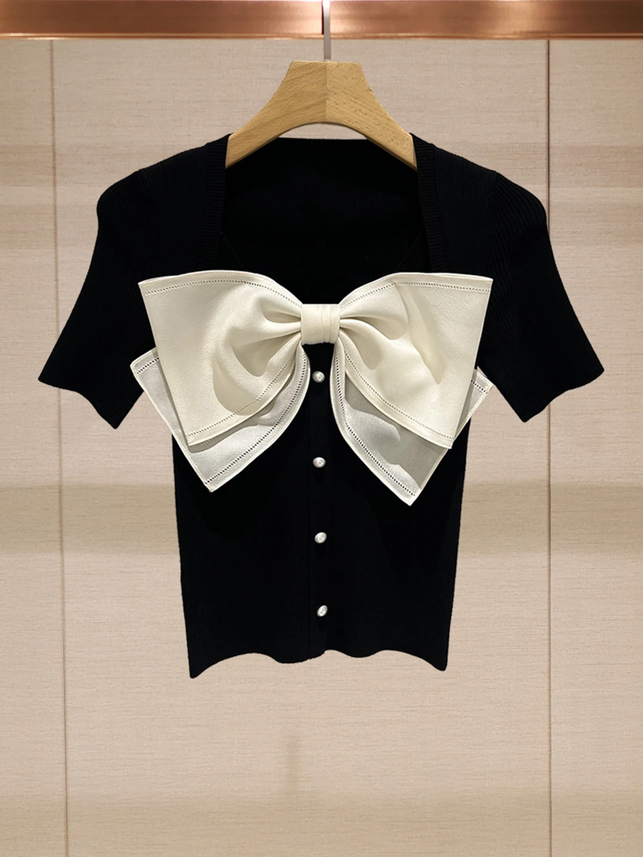 

Женский трикотажный топ JOOva с квадратным вырезом и узлом, короткий рукав, летний, модный, элегантный, для повседневной носки