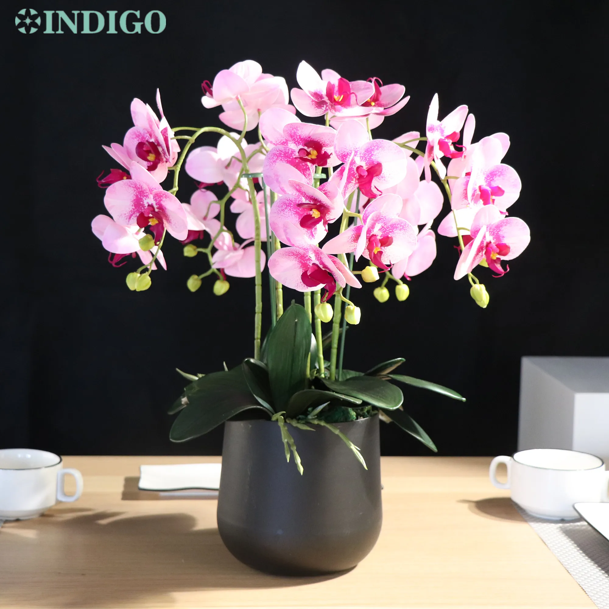 

Pink Moth Orchid Flower Arrangment for Office Decoration, Real Touch Faux Flower, DIY, 5Pcs Orchid + 4Pcs Leaf + Moss + Vase