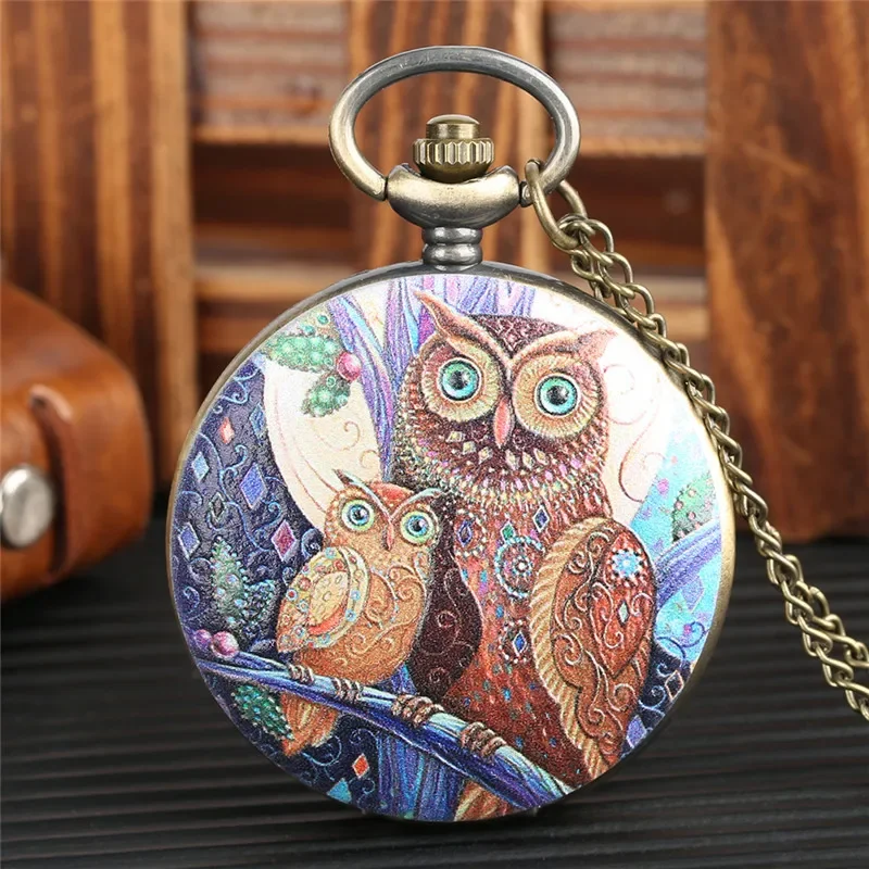 Bronze Pocket Watch with Lovely Owl Pattern Full Hunter Alloy Quartz Clock with Necklace Fob Chain for Men Women Antique Watches