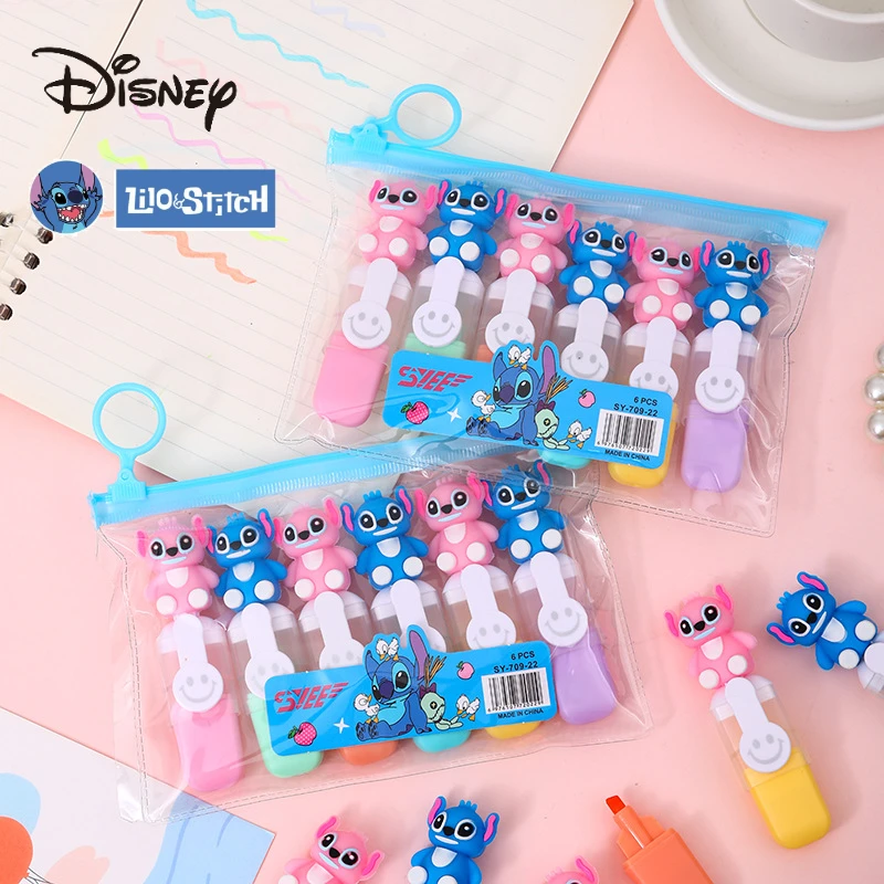 6pcs/set Lilo and Stitch Highlighter Disney Anime Accessories Kawaii Learning Stationery Pen Gift Items for Children Party Toys