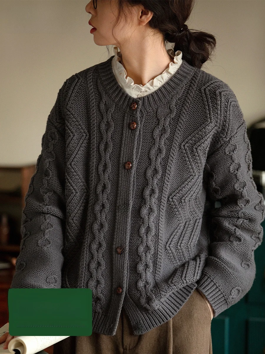 

Original Heavyweight 800G Twisted Knit Sweater Coat Women's Loose Fit round Ne Autumn Winter ey Open Cardigan Top