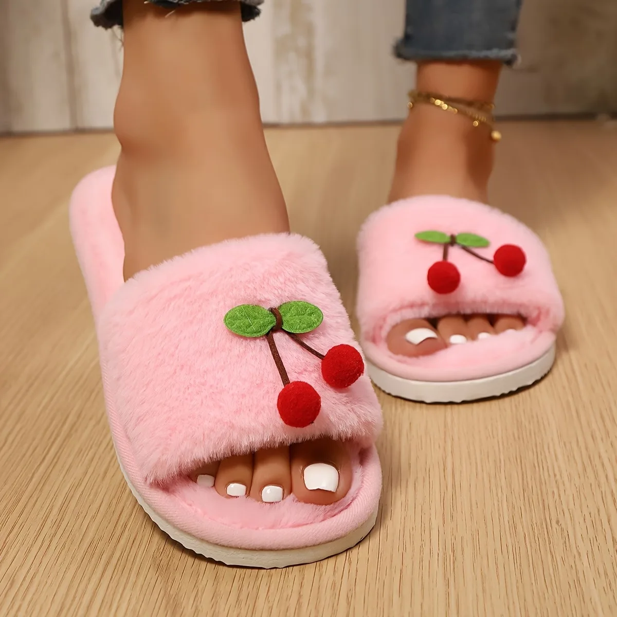 Cute Strawberry Furry Fur Slippers Women Winter 2026 Soft Fluffy Plush Home Indoor Slides Woman Comfort Soft Sole Warm Shoes 45