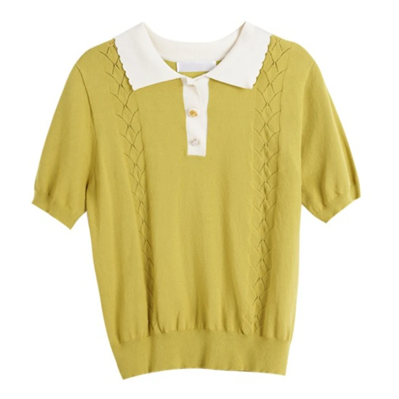 OLrain-Jersey de punto con cuello tipo Polo para mujer, Jersey informal de retazos con manga abombada, estilo francés, verano 2025, O23XZ69061