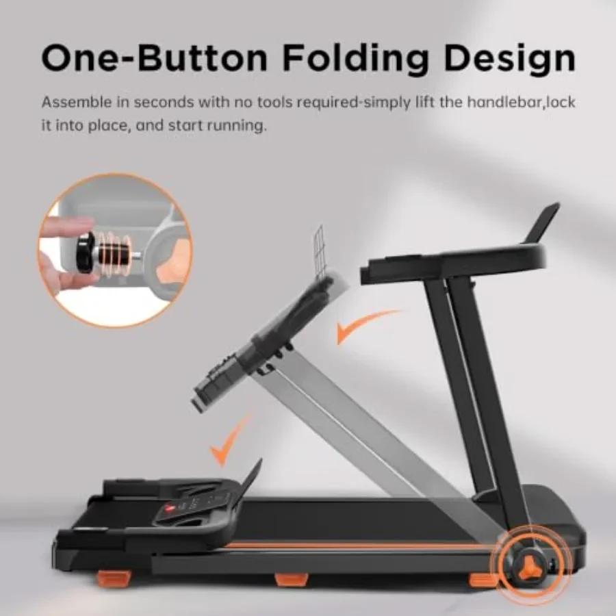Home office treadmill with incline function, steel frame, black finish, compact foldable design for small spaces