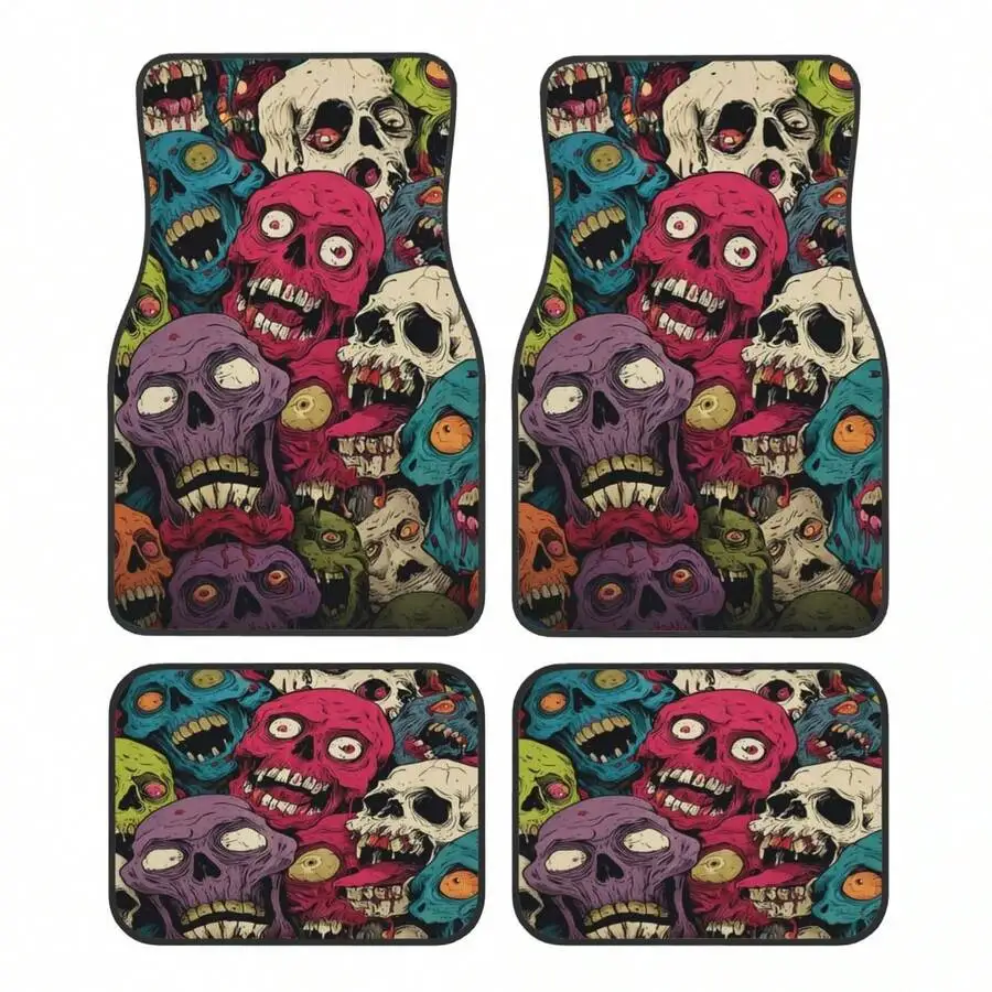 4pcs Colorful Skull Pattern Black Universal Car Floor Mats Polyester Fiber Washable Durable Interior Decor