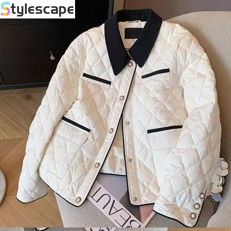 

French Collar Diamond Grid Cotton Jacket for Women, Autumn and Winter Style, Stylish, Loose and Slimming, Warm Jacket Coats
