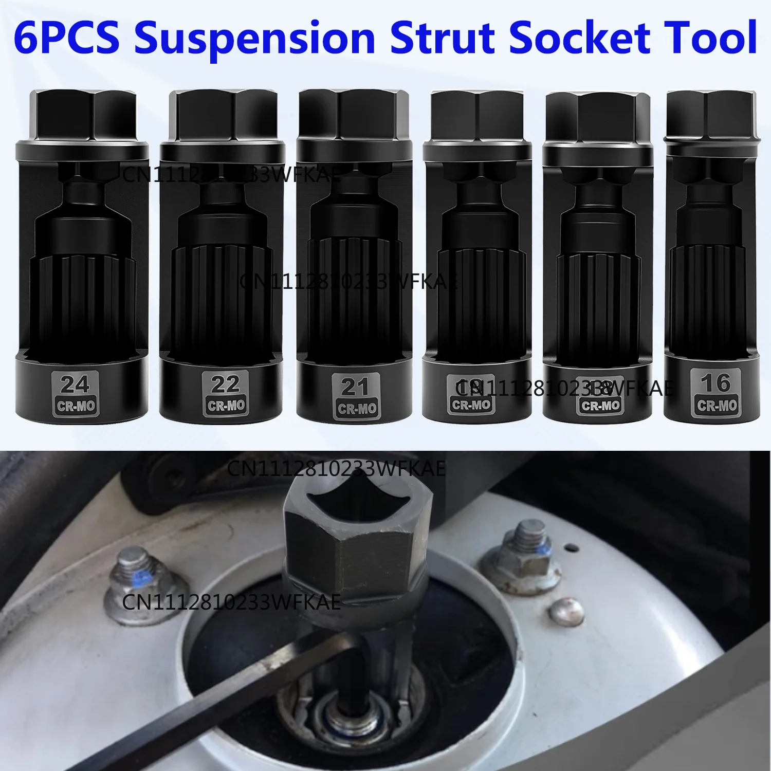 6-piece suspension strut nut sleeve set, 18mm, 19mm, 21mm, 22mm, 24mm, for removing and installing shock absorber strut nuts.