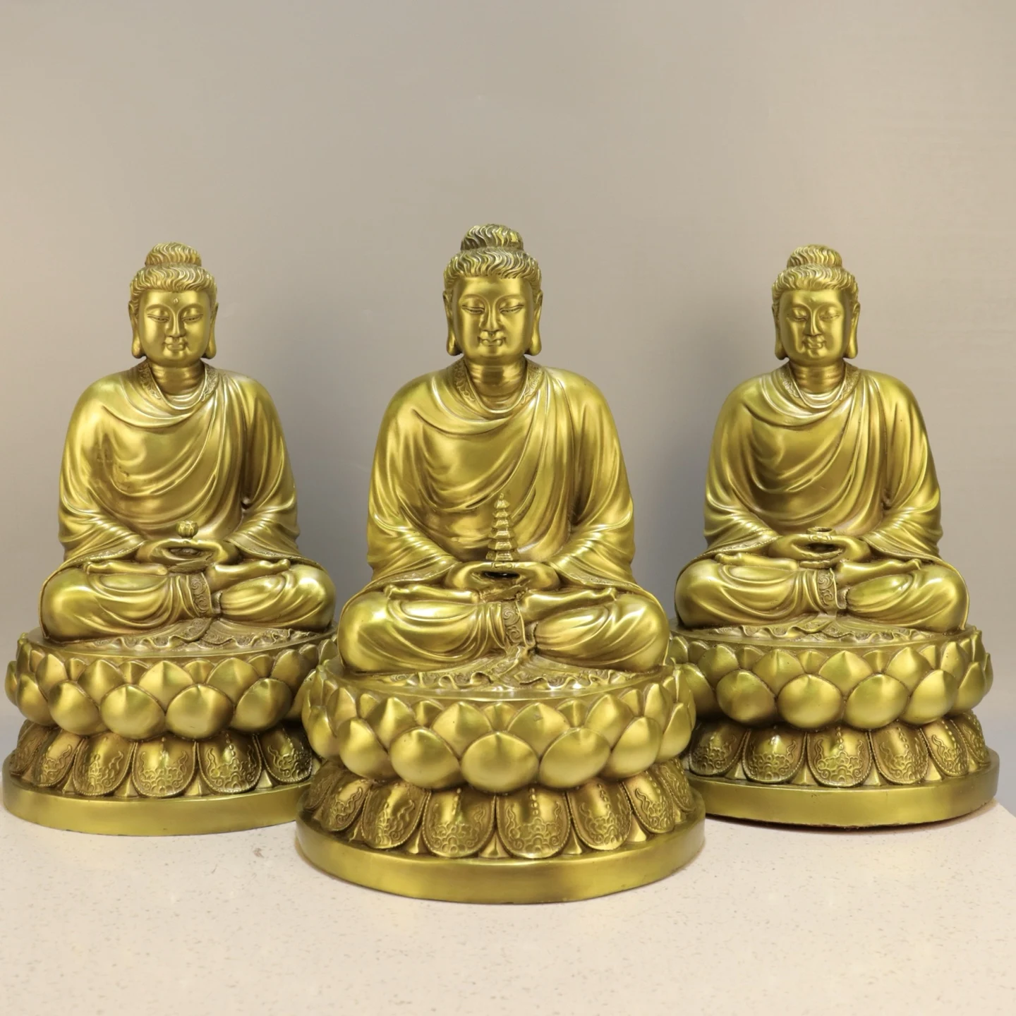 

12"Tibetan Temple Collection Old Brass Sambo Buddha Amitabha Buddha Shakyamuni Sitting Buddha Lotus Terrace Worship Hall