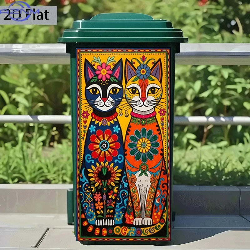 2D Flat Printing 1pc Trash Can Sticker  Colorful Cats Playing Together Theme Design Self-Adhesive Wall Decal Wallpaper Suitabl