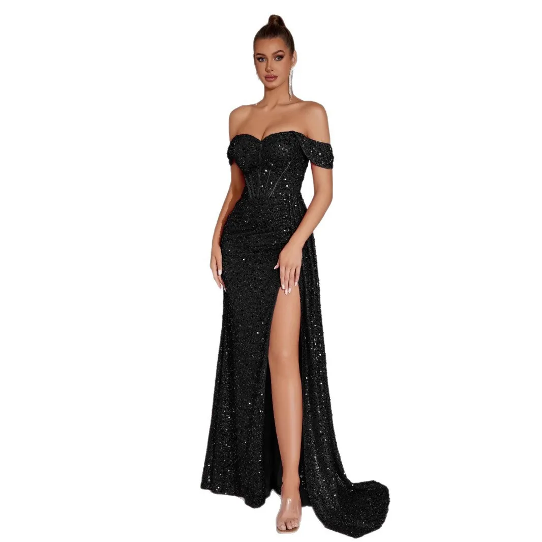 Women's Elegant Off Shoulder Long Bodycon Dress for Wedding Guest Party Prom Evening Sequin High Slit Sleeveless Solid Color
