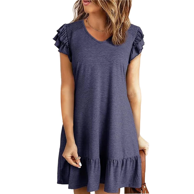 CGS-Women Summer Dresses Ruffle Short Sleeve Smocked V Neck Casual Loose A-Line Swing Mini Dress Sundress