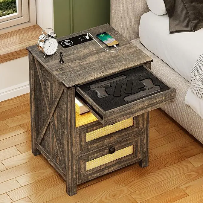 

American country style wooden rattan bedside table with charging socket LED light bedroom furniture