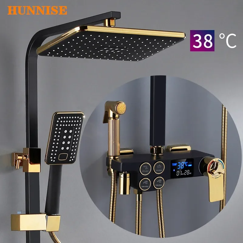 Digital Shower Set Luxury Black Gold Thermostatic Shower System Rainfall Spa Top Head Brass Bathtub Faucet Digital Shower Set