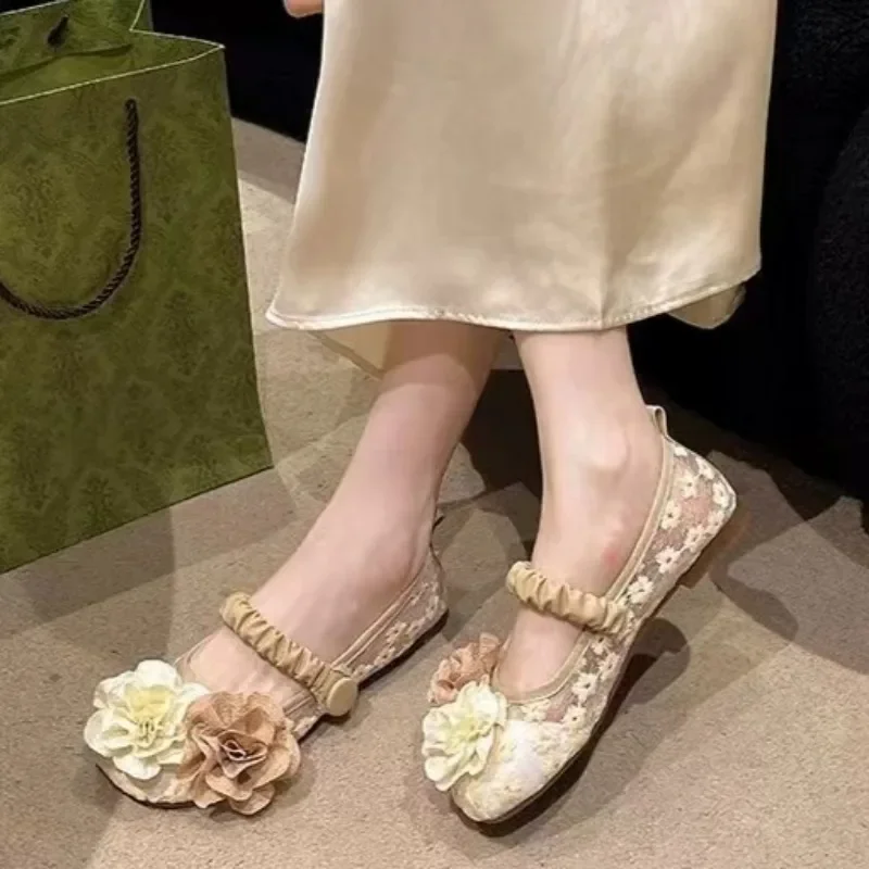 

Lace Women's Shoes Brand New Summer Sweet Girls Flower Flat Shoes Kawaii Dress Sandals 2024 Lolita Loafers Zapatos Para Mujeres