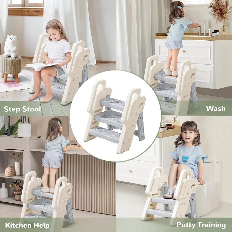 Foldable 3 Step Stool with Handles Anti-slip 4 in 1 Adjustable 3-Step Bathroom Sink Stool for Kids Toddler Toilet Potty Training