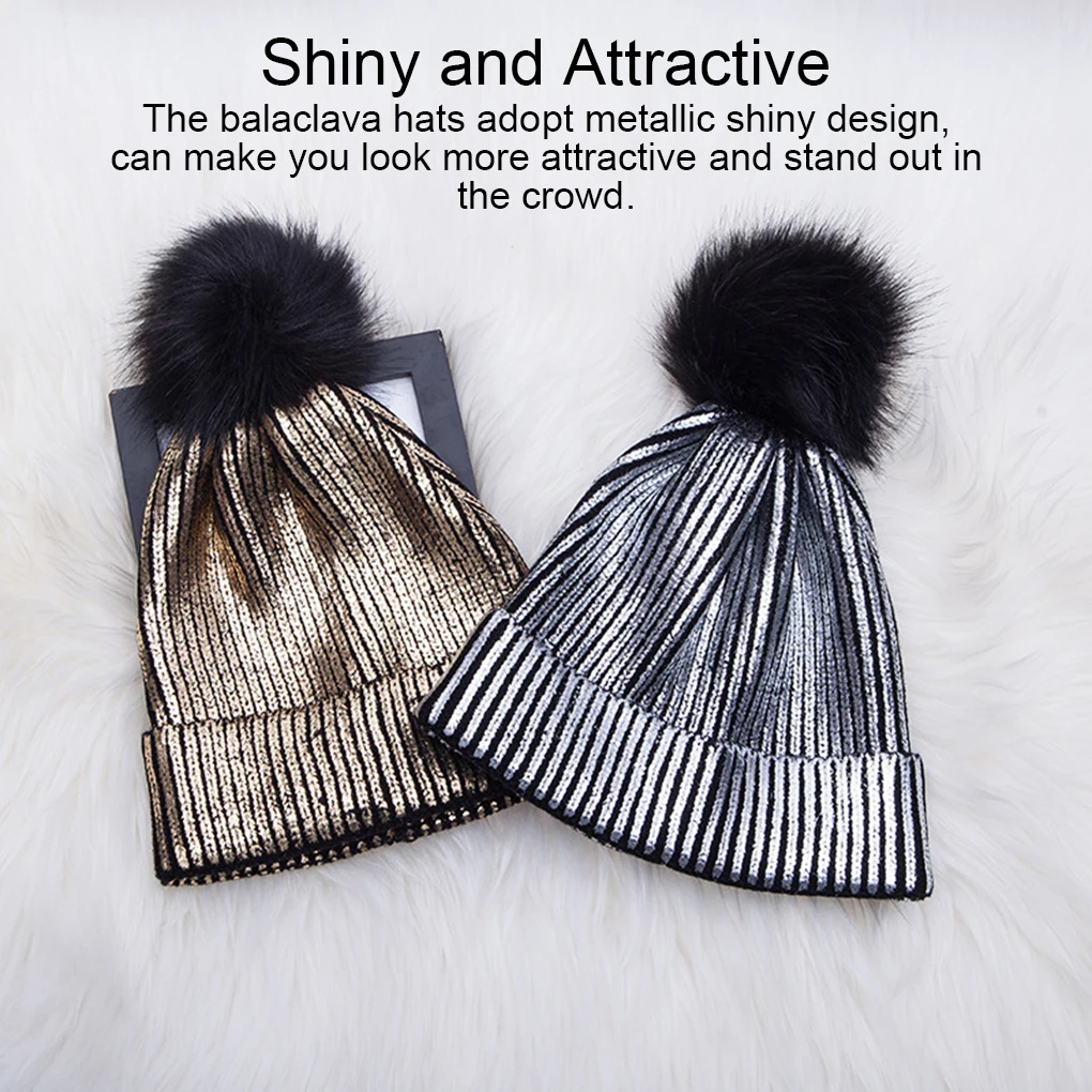 Winter Warmer Metallic Shiny Knitted Fashion Caps Beanies Hats Pompom Outdoor Skullies Accessories for Cycling