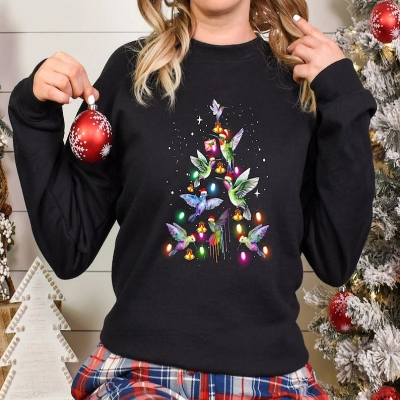 عيد ميلاد سعيد شجرة الطيور الخريف والشتاء البلوز عطلة أضواء الطرف الدفء هوديي طويلة الأكمام مطابقة هوديس