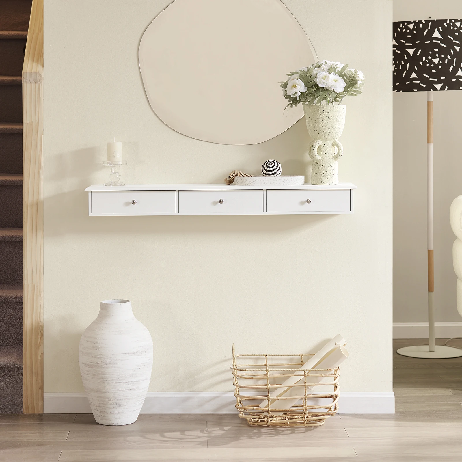 SoBuy FRG43-L-W Estante Flotante con 3 Cajones - Baldas Pared, Estantería Moderna para Entrada, Sala y Dormitorio - Blanco 94x15x10cm