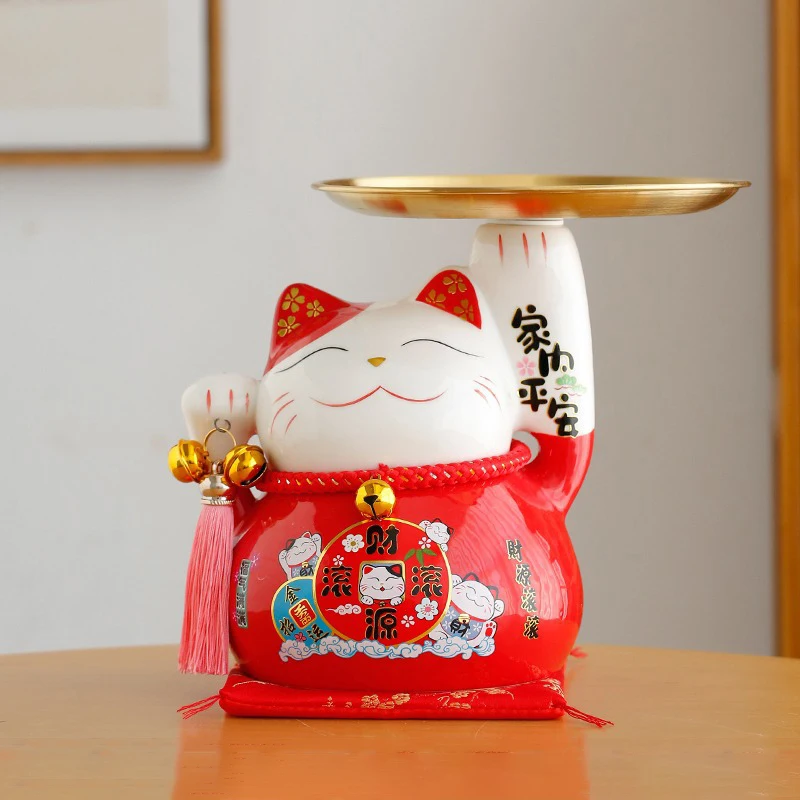 

Керамический Lucky Cat с поддоном для хранения Maneki Neko Фортуна статуя кота копилка для организации подноса для дома украшение стола