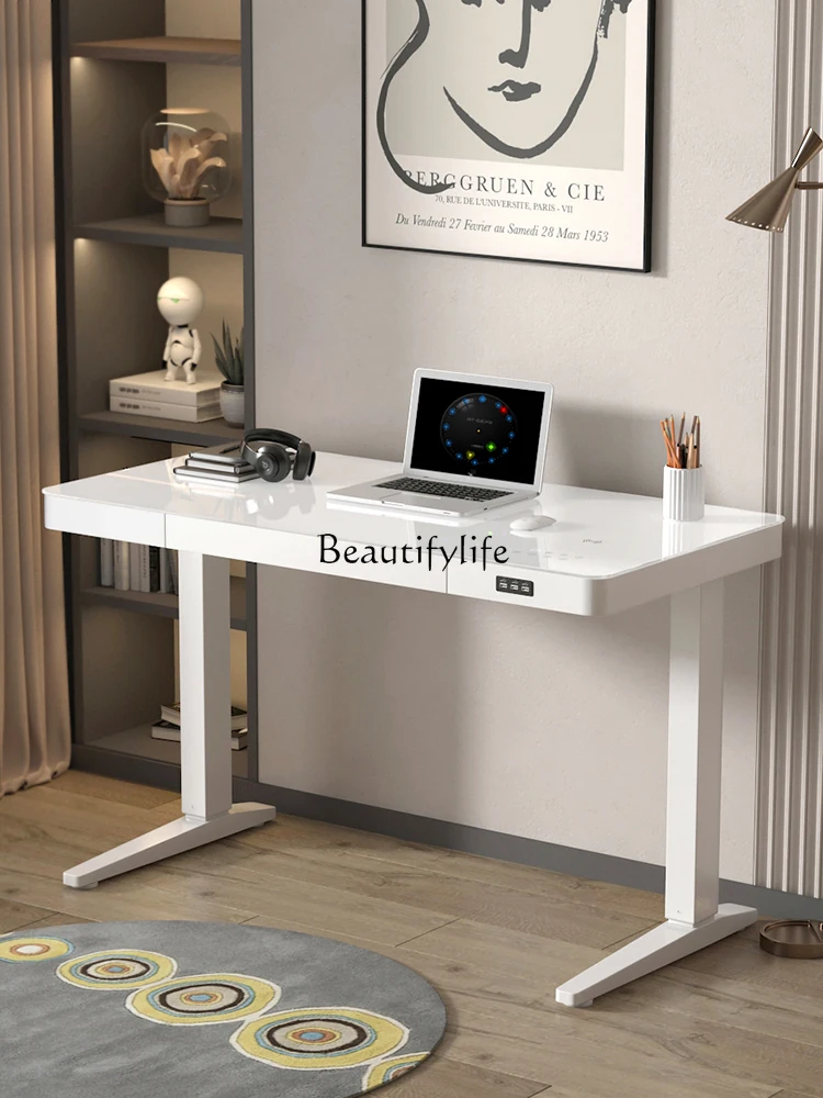 

Double Motor Electric Lifting Office Home Tempered Glass Study Table Smart Computer Desk