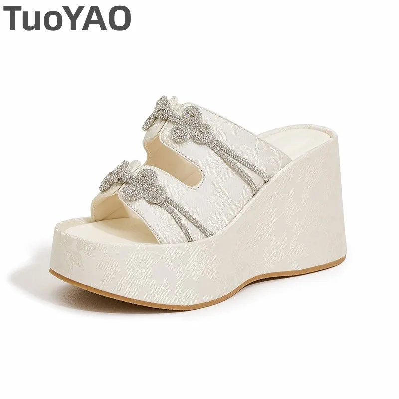 

10cm Rhinestone High Brand Elegant Slides Women Breathable Pumps Summer Peep Toe Platform Wedge Sandals Shoes