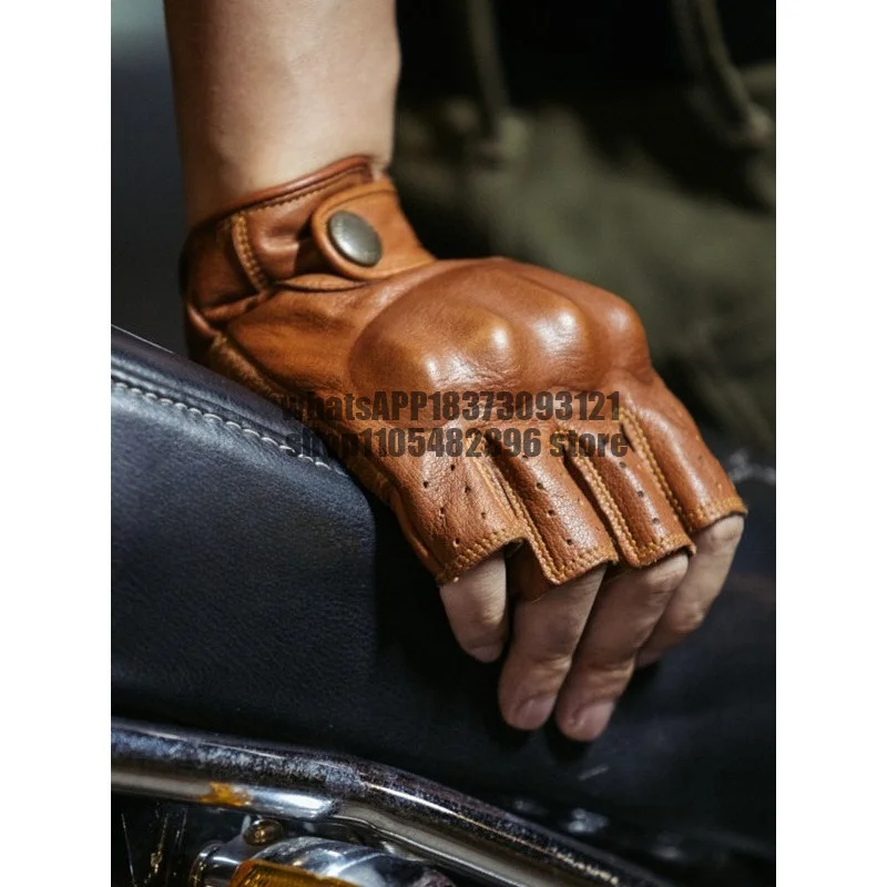 Retro half-finger motorcycle gloves summer thin breathable cowhide riding anti-drop gloves