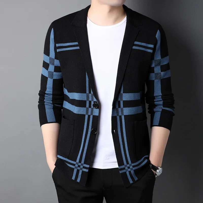 New Men's Spring Korean Knitted Cardigan High-end Brand Fashion Plaid Sweater Coat Male Autumn Leisure Luxury Sweaters