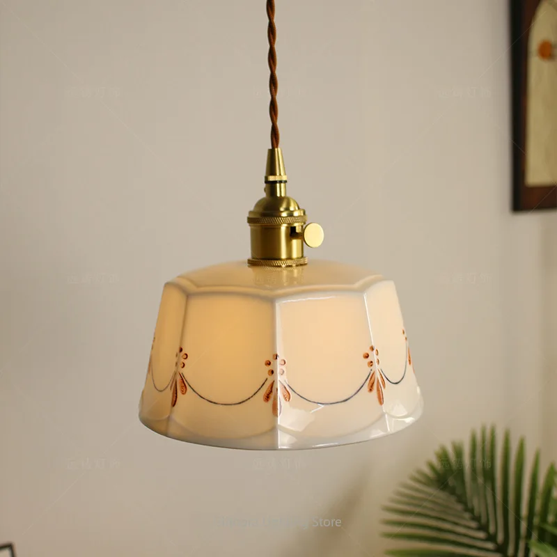 

Retro Cream Brass Ceramic Chandelier - Hand-Painted Mid-Century Pendant for Bedroom & Dining Lamp Ceiling Light Led Lamp