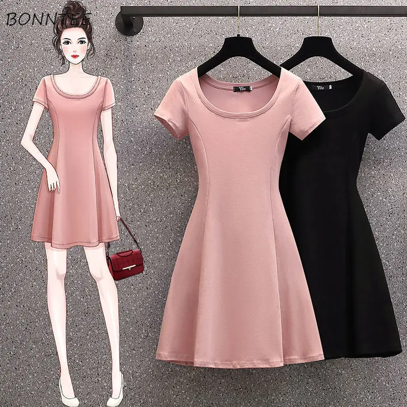 Short Sleeve Dress Women New Arrival Mini Vestidos Mujer Skinny A-line Summer Solid Simple Aesthetic Harajuku Elegant Clothing