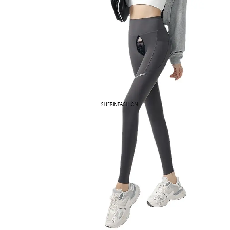 Leggings en peau de requin avec poches pour femme, pantalon ouvert invisible, pantalon de yoga sexy, club, fitness, sport de plein air, fjfor