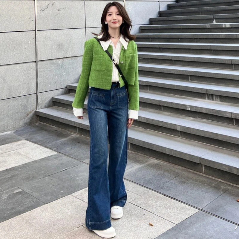 Women French Graceful Green Short Jacket Denim Wide Leg Pants 1 or 2 Piece Set Korean Lady Spring Autumn Coat Jeans Outfits 2023