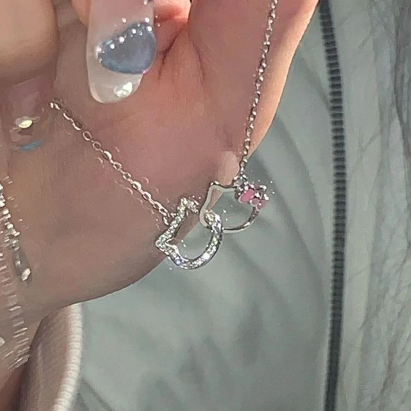 الكرتون الأزياء سانريو كيتي قلادة قلادة للنساء Kawaii مزدوجة حلقة الترقوة سلسلة سحر مجوهرات صديقة الهدايا