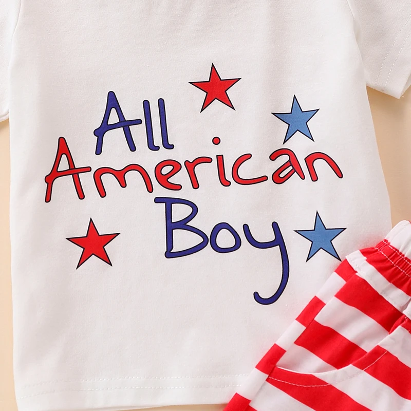 Kids Boys Shorts Set Short Sleeve Letters Print T-shirt with Stars Stripes Shorts for Independence Day