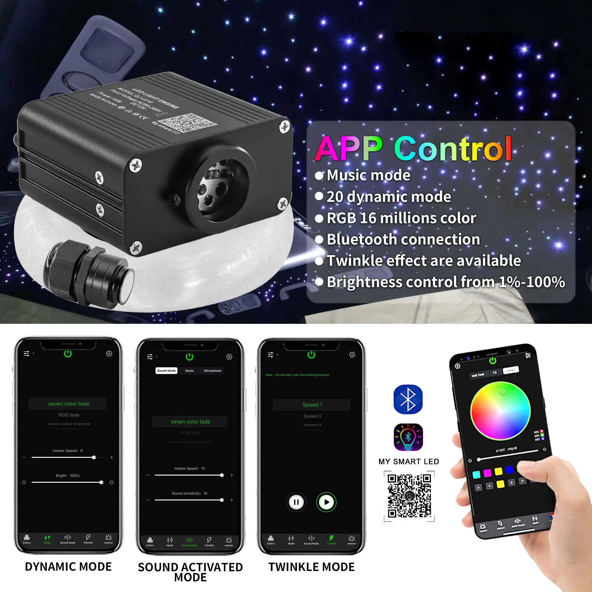 16W RGBW Twinkle Starry Sky Car Roof Star Ceiling Light Kit Music Control Bluetoothapp Car Interior Fiber Optic Ambient Lamp