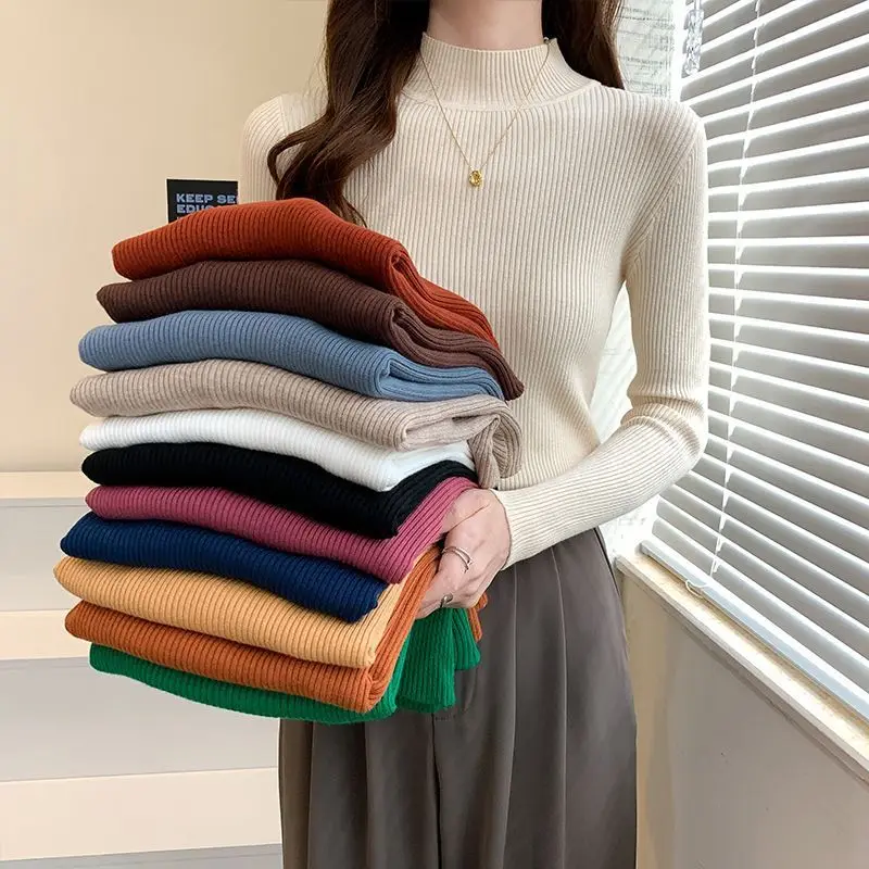 

Свитер с полуводолазкой для женщин, осень-зима, тонкий вязаный свитер с длинными рукавами, топ, женские модные базовые пуловеры, женские