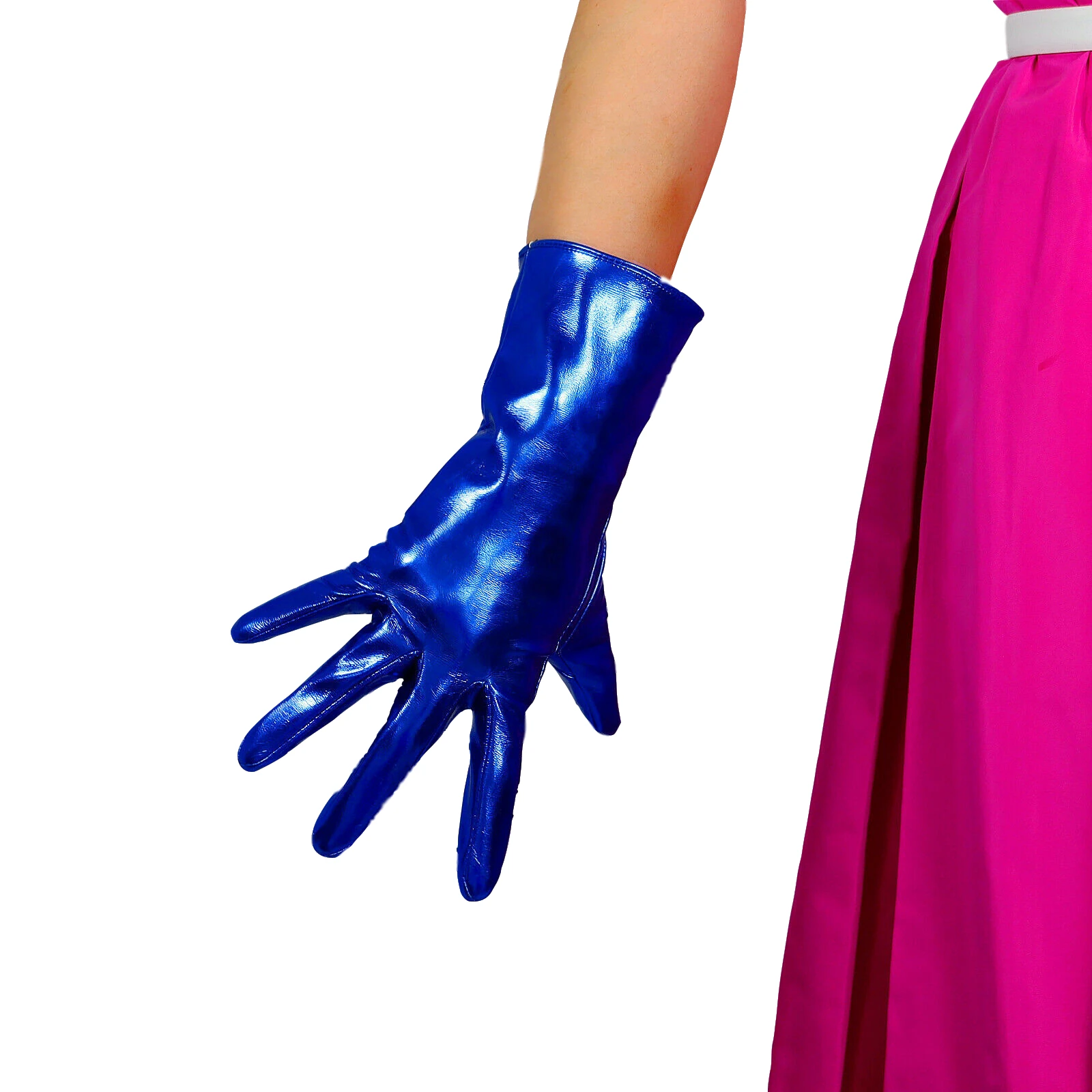 Royal Blue SHORT LATEX GLOVES Wrist Long Shine Faux Patent Leather 28cm Cosplay Halloween Custome Party Club Driving Glove