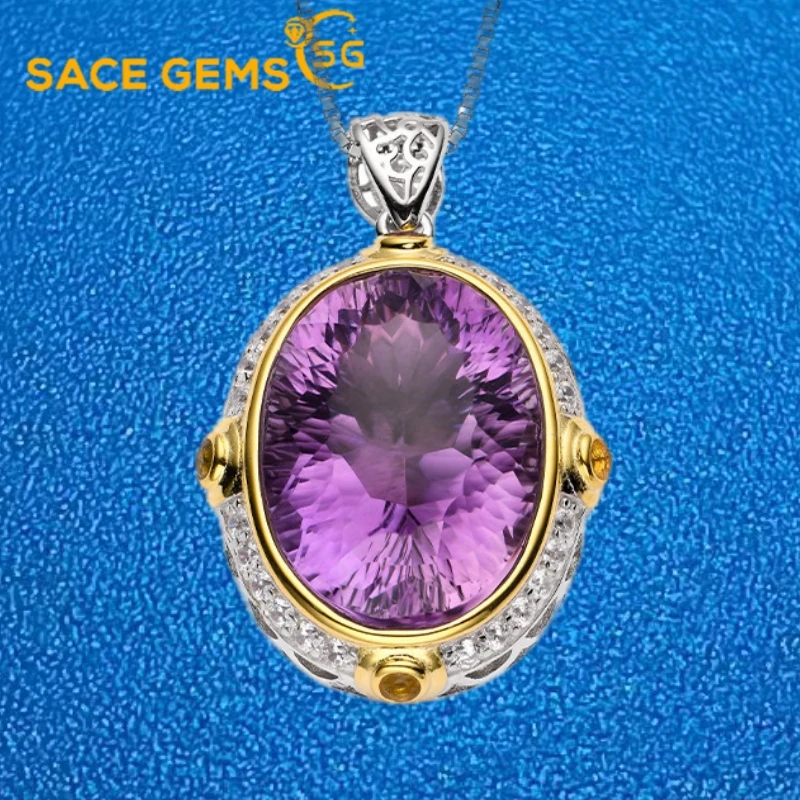 

SACEGEMS 925Sterling Silver Certified Natual Amethyst Citrine Pendant Necklaces for Womne Engagement Cocktail Party Fine Jewelry