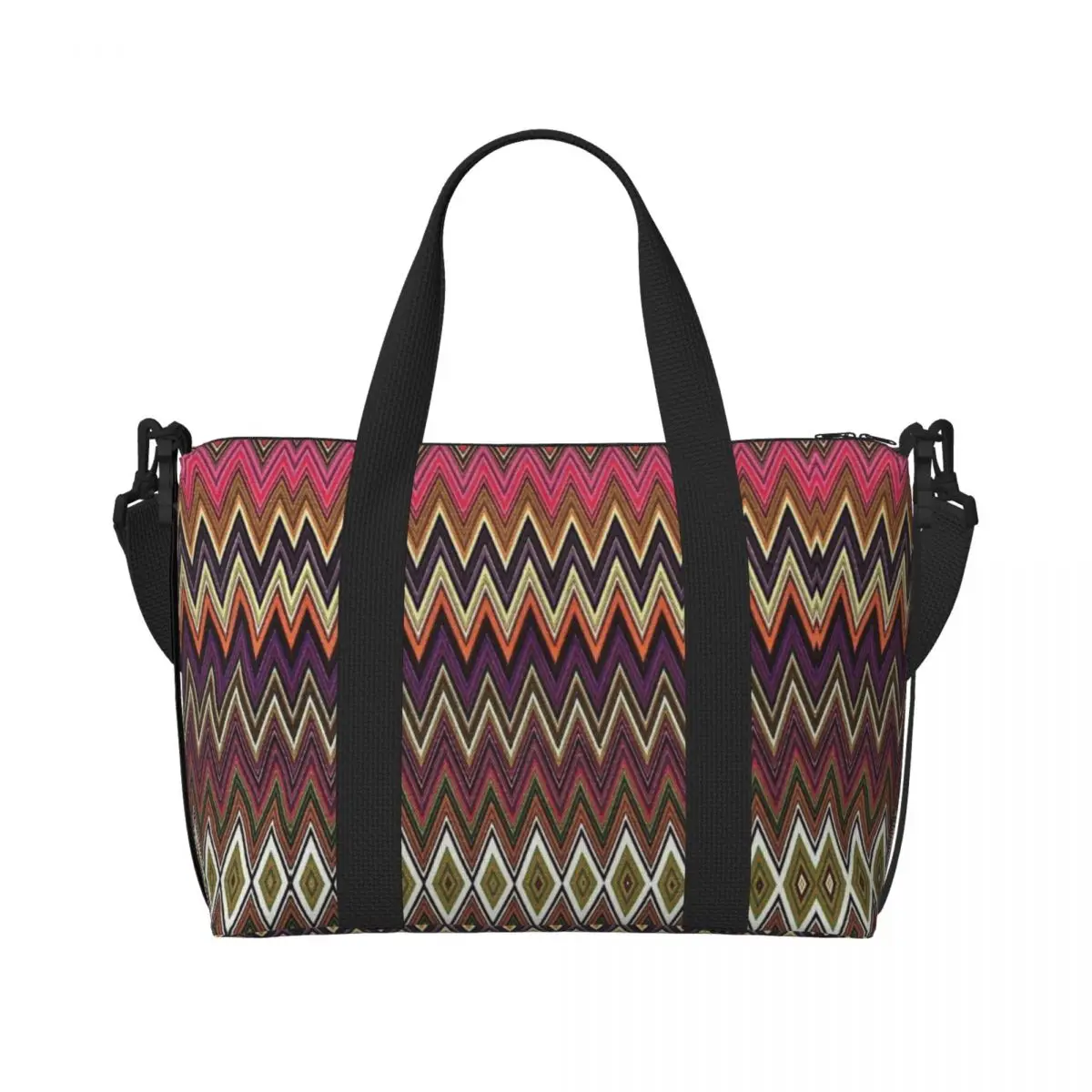 Custom Home Zigzag Multicolor Beach Tote Bag for Women Extra Large Gym Carry On Boho Camouflage Travel Shopping Bags