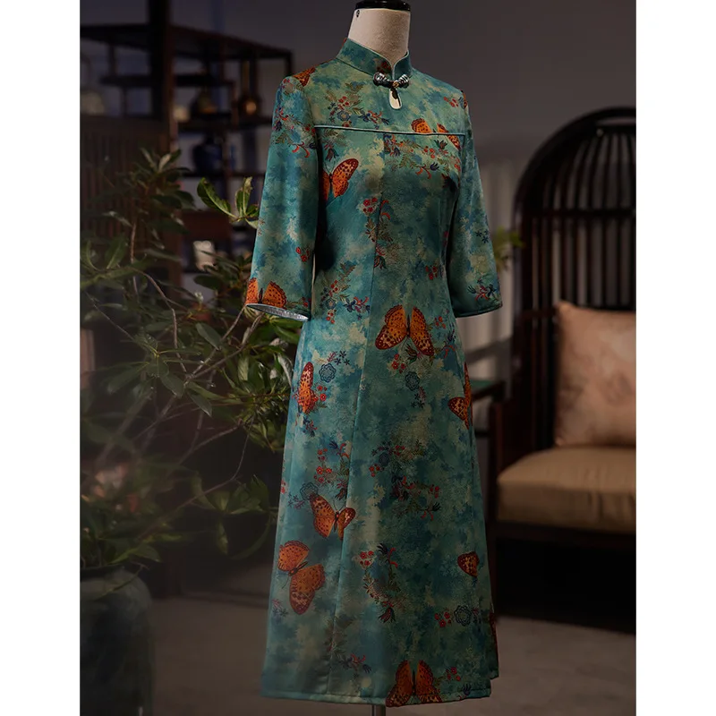 FZSLCYIYI Elegant Chinese Drop Collar Butterfly Printed Satin Qipao Women Retro A-Line Cheongsam Dresses