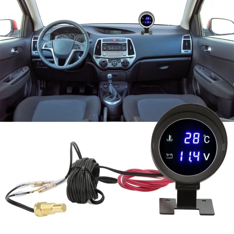 Round Digital Water Temperature Gauge LED Voltmeter DC 9V-36V With Blue Light For Car Motorcycle ATV