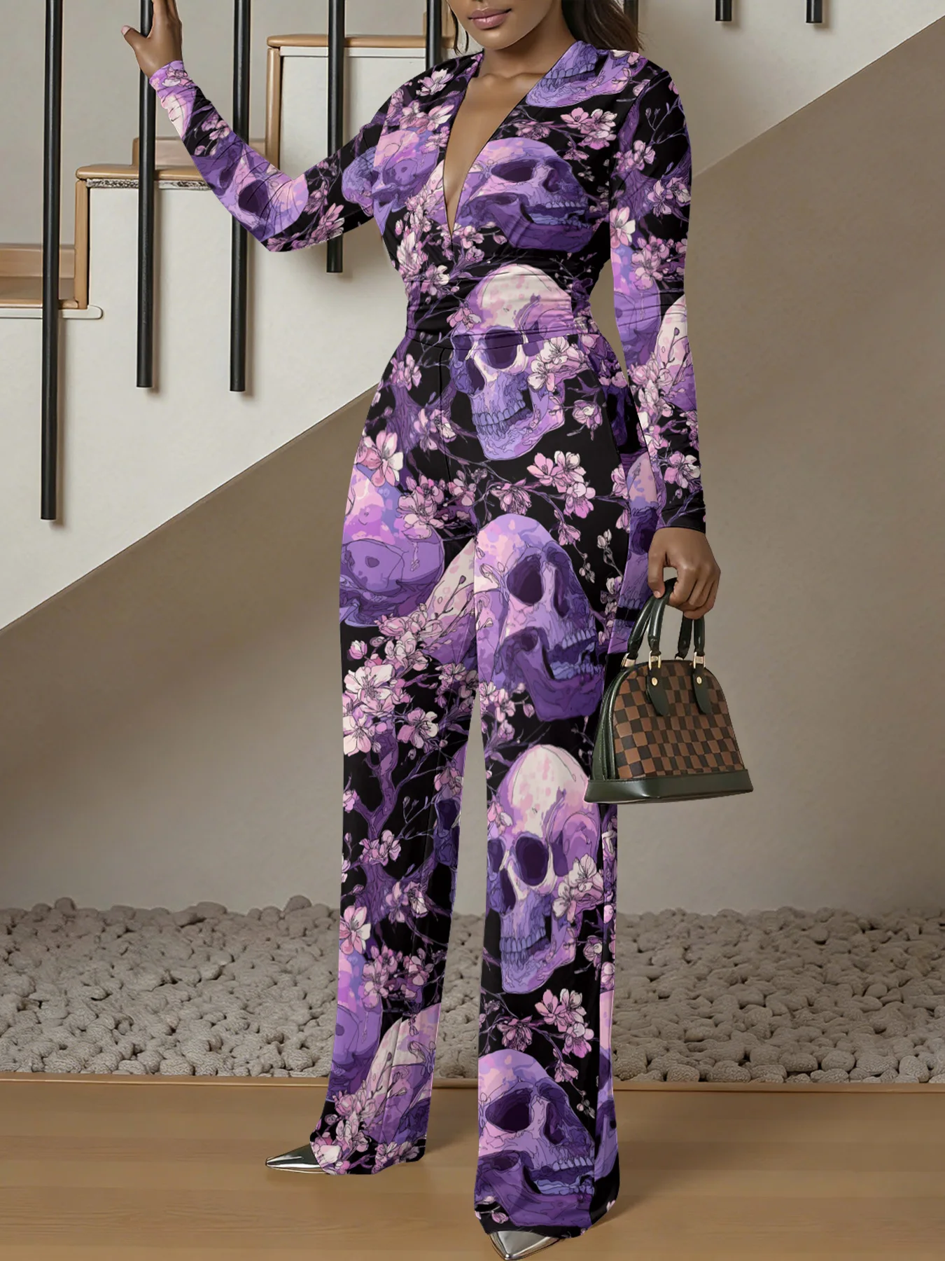 Macacão justo de manga comprida com decote em V, ideal para o outono, feminino, elástico, peça única, para a primavera, roupa de rua de luxo, para fes