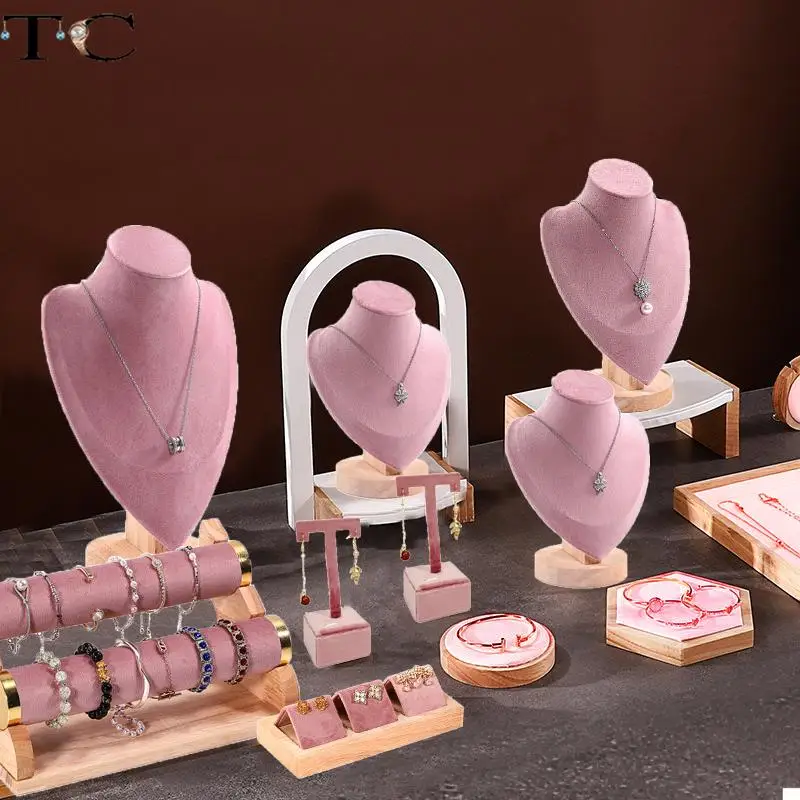 New Solid Wood Pink Velvet Jewelry Display Stand Ring Earrings Bracelet Necklace Watch Pendant Storage Display Stand