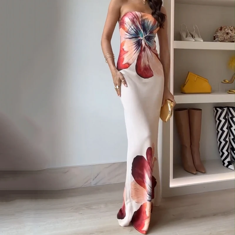 

Ellafads Sexy Long Dress Women Summer Casual Sleeveless Strapless Floral Printed Nipped Waist Backless A Line Tube Maxi Dresses