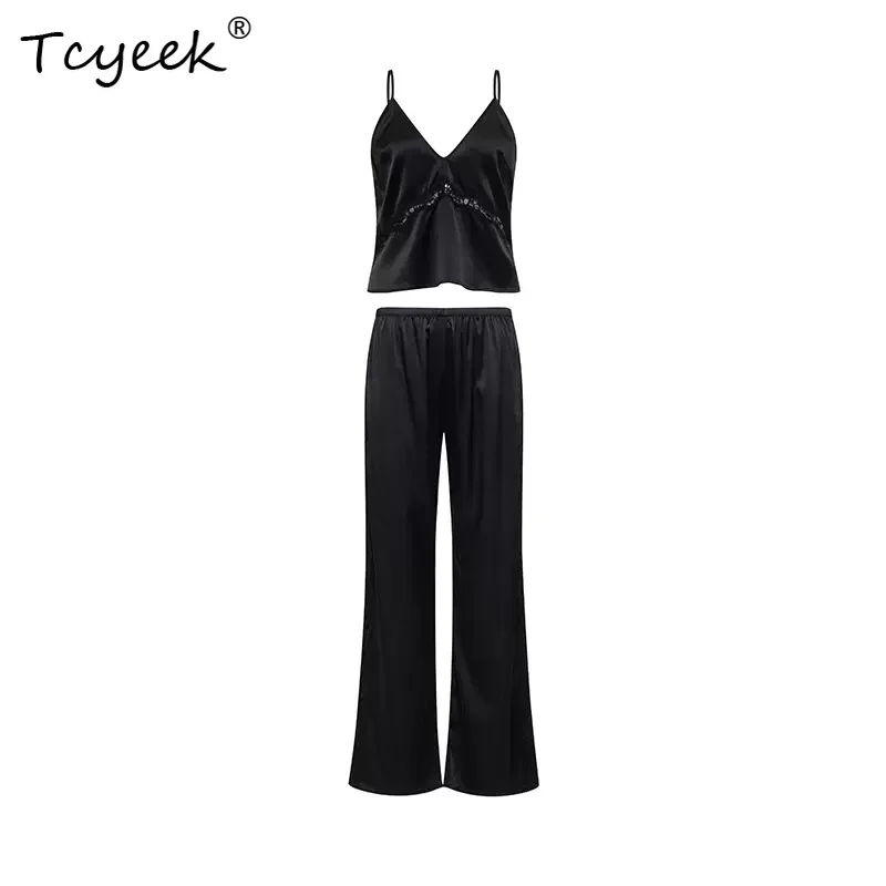 

Tcyeek, 93%Natural Silk Pajamas Set, Women Spaghetti Strap Top Shorts, Sweet Sexy Flirt Homewear, 2024 Summer Autumn S47635QC