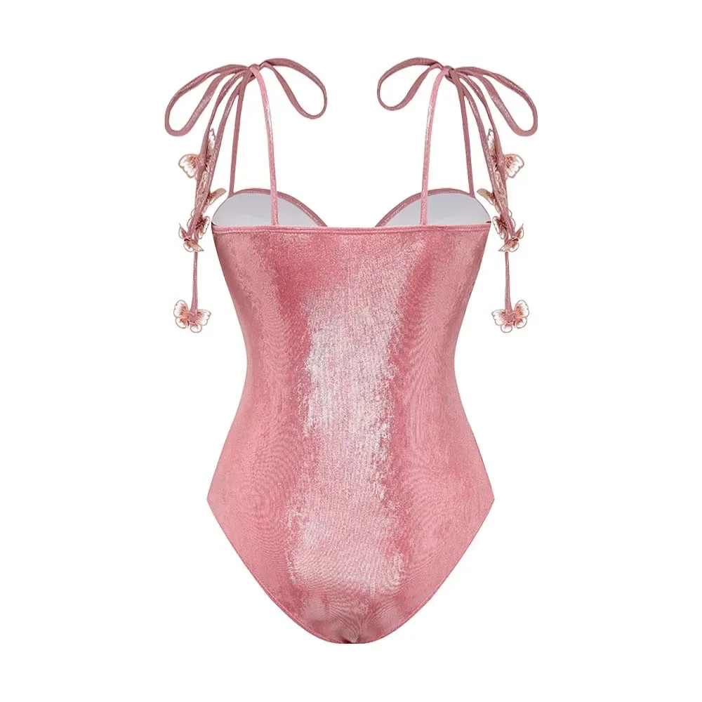 2025 Pink Shiny Embroidered Butterfly One Piece Swimsuit and Split Skirt Push Up Swimwear Monokini Bodysuit Bathing Suit image 3