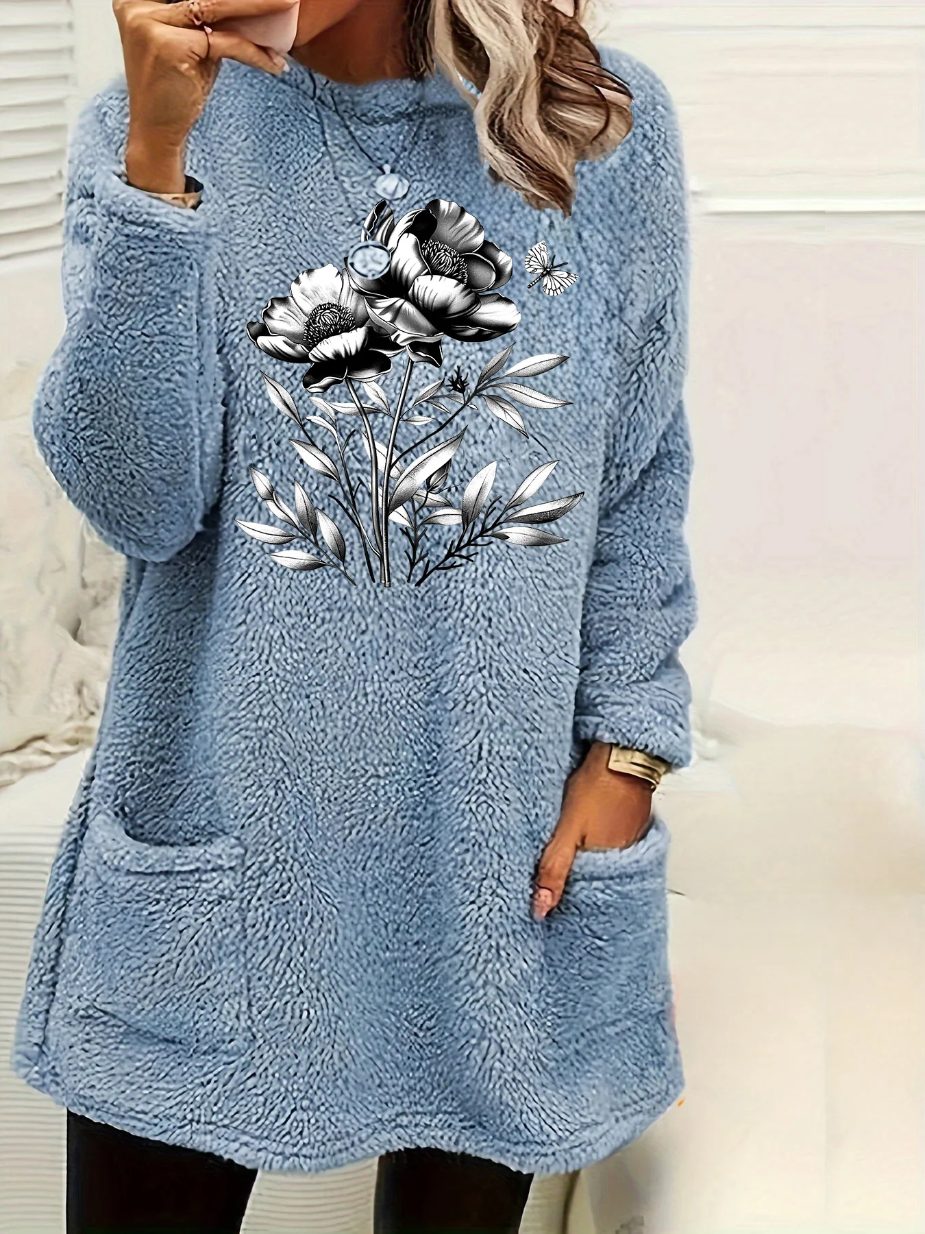 

Женский флисовый свитшот больших размеров с двумя цветами и принтом бабочки, круглый вырез, мягкий теплый свитер, повседневные зимние пуловеры с длинными рукавами