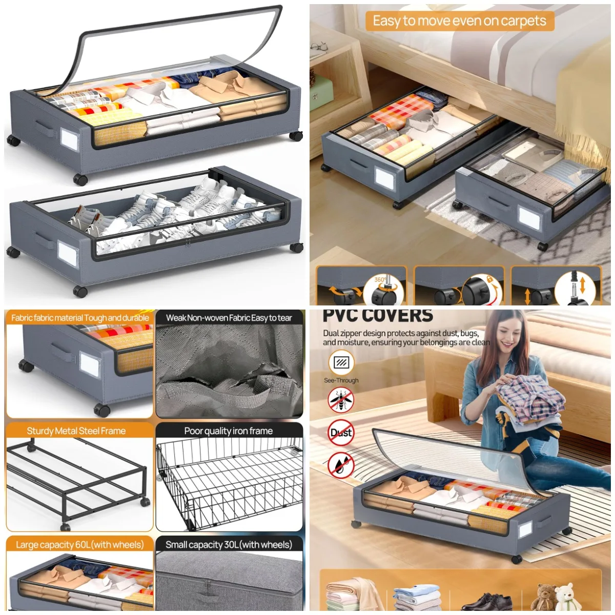 

Хранение под кроватью с колесиками, 2 квадратных контейнера, ящики на 60 л, металлический ящик на колесиках для одежды, одеял, обуви