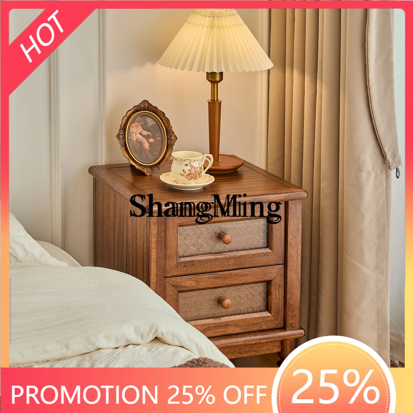 

FGgood-looking retro bedside table solid wood storage medium and ancient style storage bedside cabinet