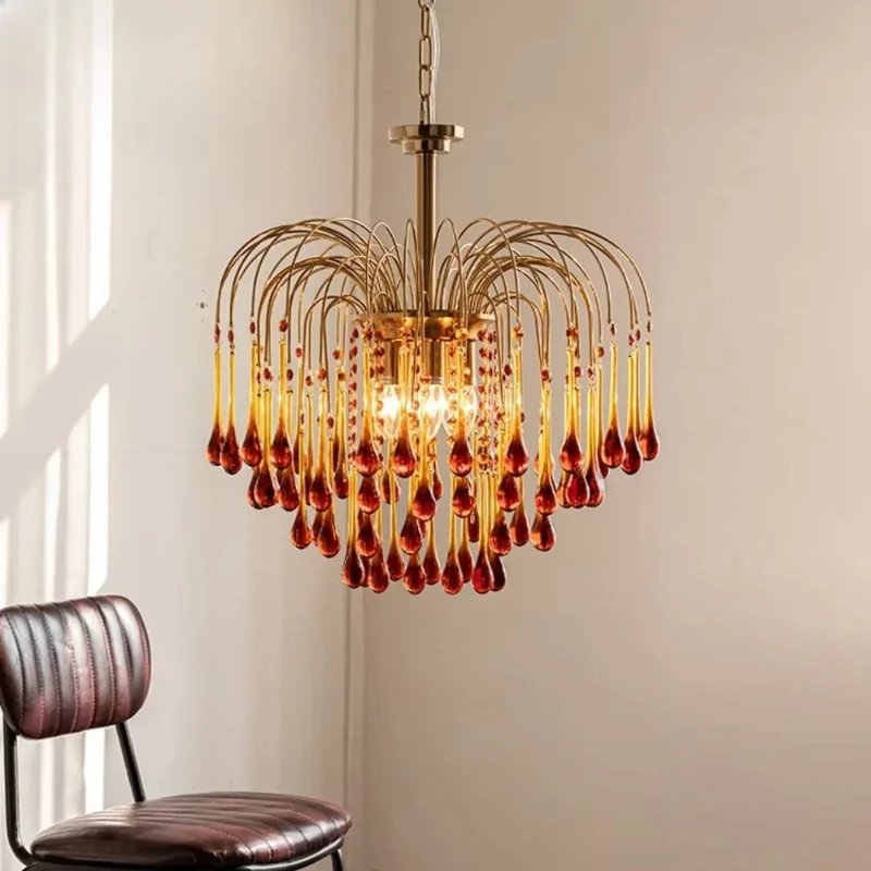 

French Artpad Retro Branch Colorful Crystal Chandeliers for Living Room Romantic Raindrop Coloful Crystal Hanging Pendant Light